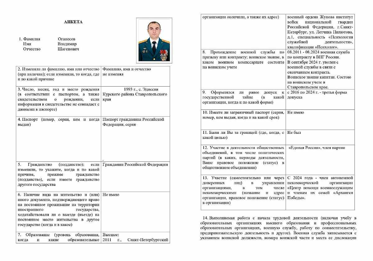 Сторінки анкети Оганесова